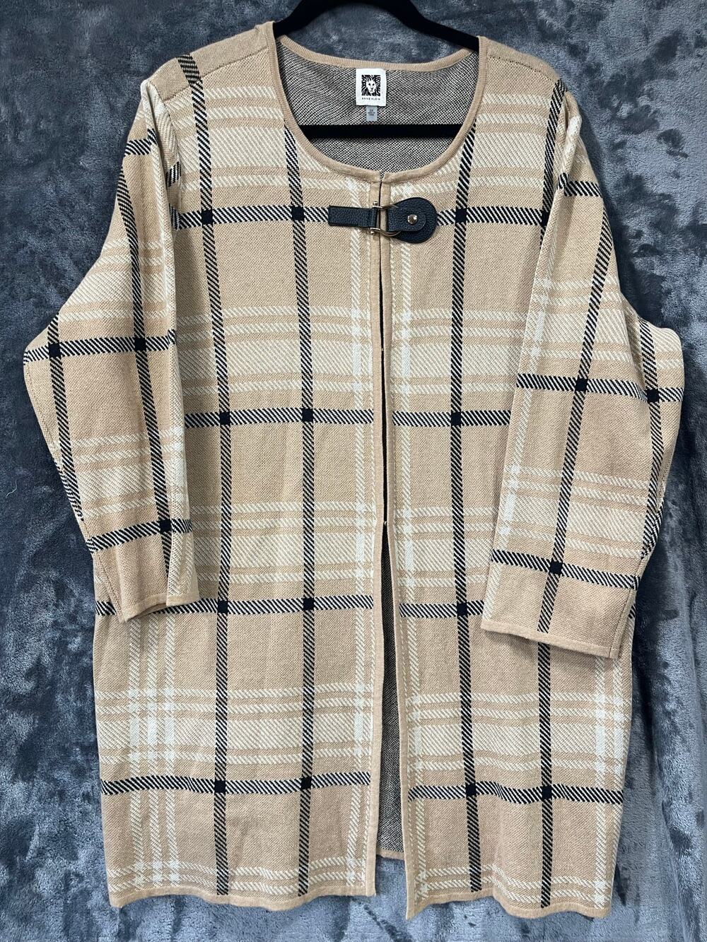 Anne Klein Duster Cardigan 3XL Camel Windowpane Plaid Leather Buckle